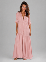 Vestido maxi de lino y algodón con botones delanteros para mujer de verano