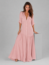 Vestido maxi de lino y algodón con botones delanteros para mujer de verano