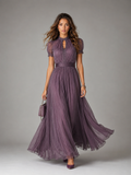 Robe longue en chiffon avec bordure en dentelle invitée mariage