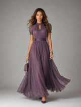 Robe longue en chiffon avec bordure en dentelle invitée mariage