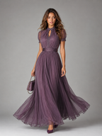 Robe longue en chiffon avec bordure en dentelle invitée mariage