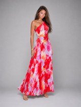 Vestido maxi plisado de un solo hombro floral para mujer de noche