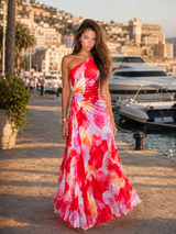 Vestido maxi plisado de un solo hombro floral para mujer de noche