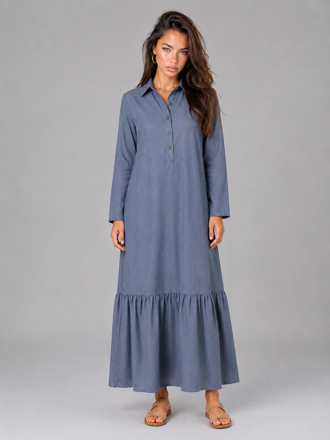 Vestido camisa maxi de capas de mezcla de algodón para mujer de verano