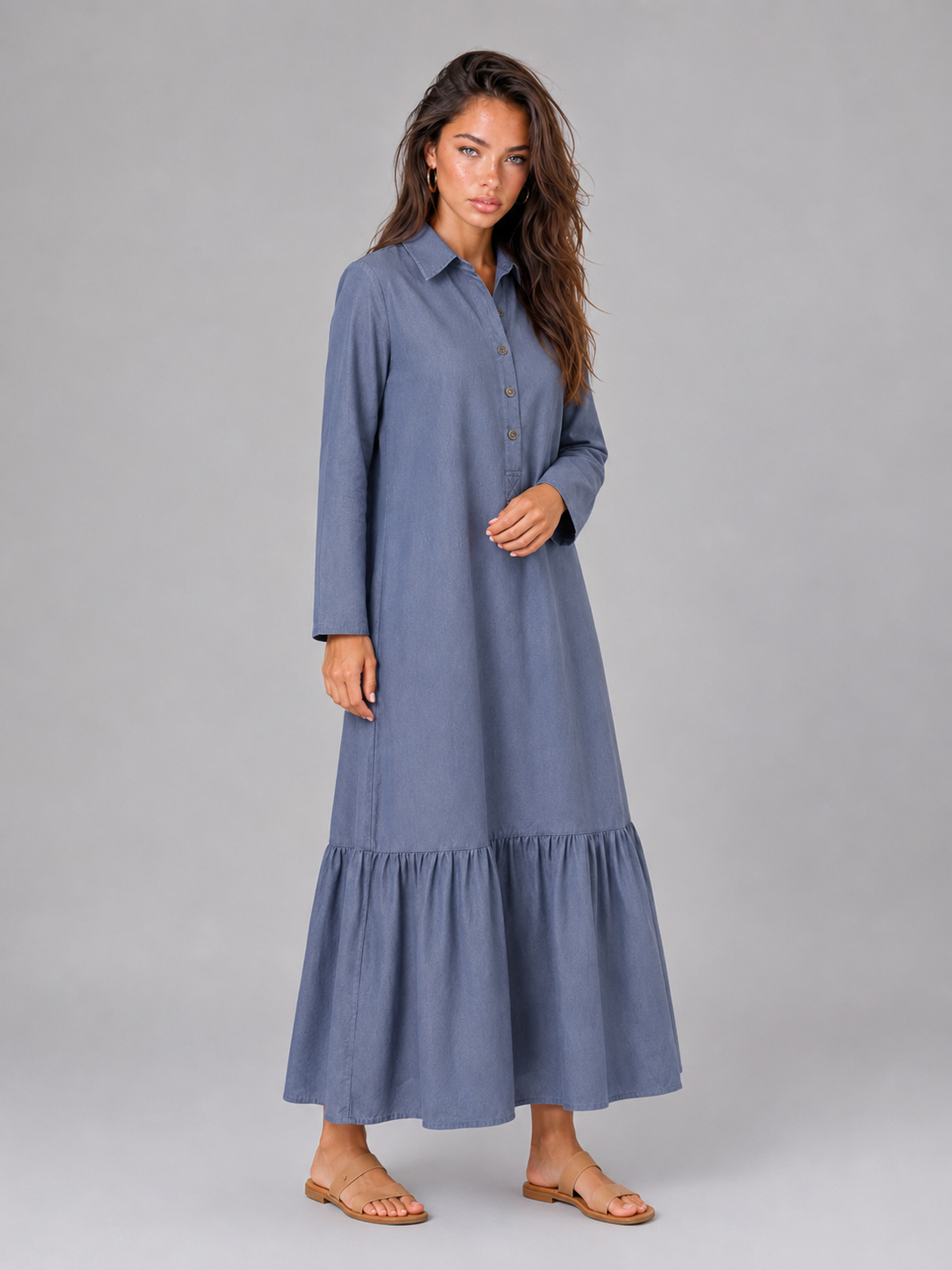 Vestido camisa maxi de capas de mezcla de algodón para mujer de verano