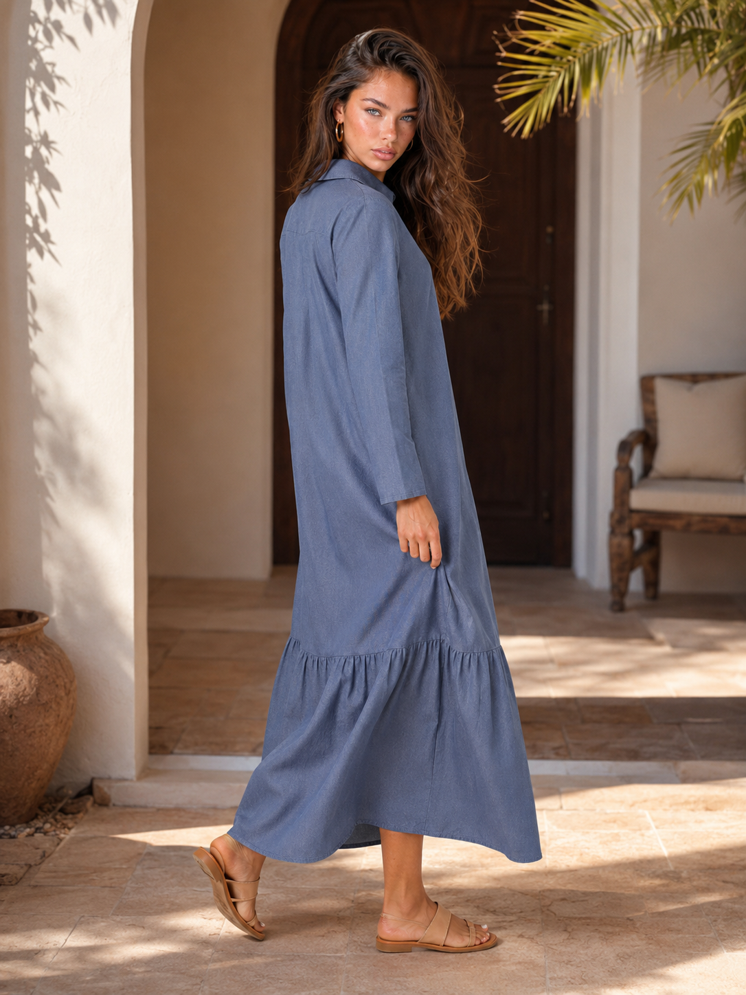Vestido camisa maxi de capas de mezcla de algodón para mujer de verano