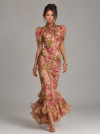 Robe longue queue de poisson manches bouffantes en chiffon invitée mariage