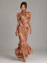 Robe longue queue de poisson manches bouffantes en chiffon invitée mariage