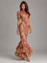Robe longue queue de poisson manches bouffantes en chiffon invitée mariage