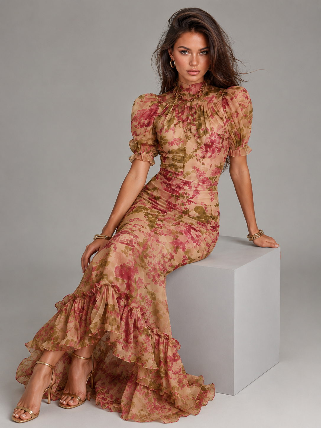 Robe longue queue de poisson manches bouffantes en chiffon invitée mariage