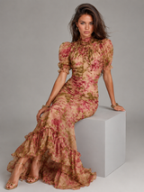 Robe longue queue de poisson manches bouffantes en chiffon invitée mariage