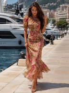 Robe longue queue de poisson manches bouffantes en chiffon invitée mariage