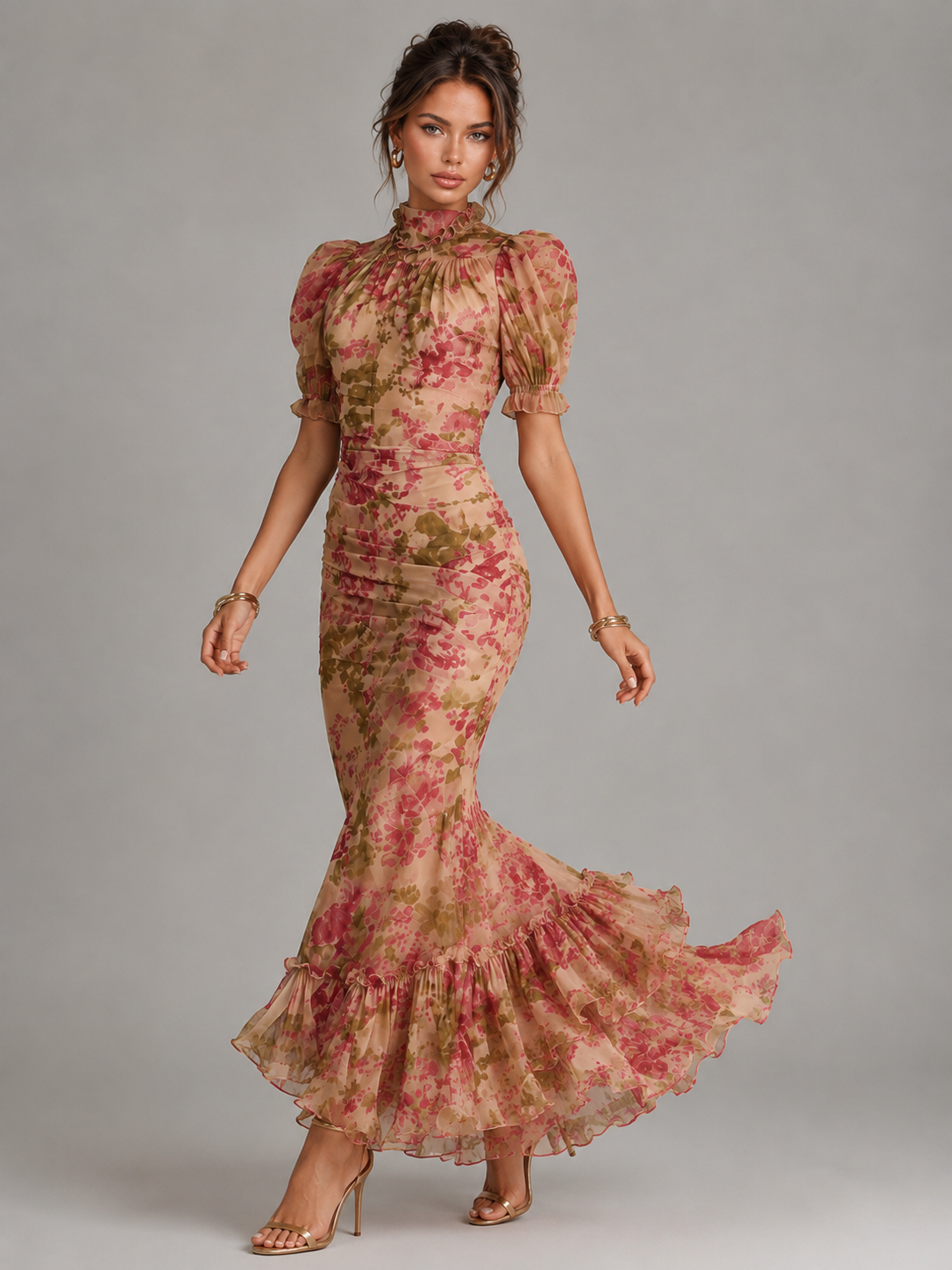 Robe longue queue de poisson manches bouffantes en chiffon invitée mariage