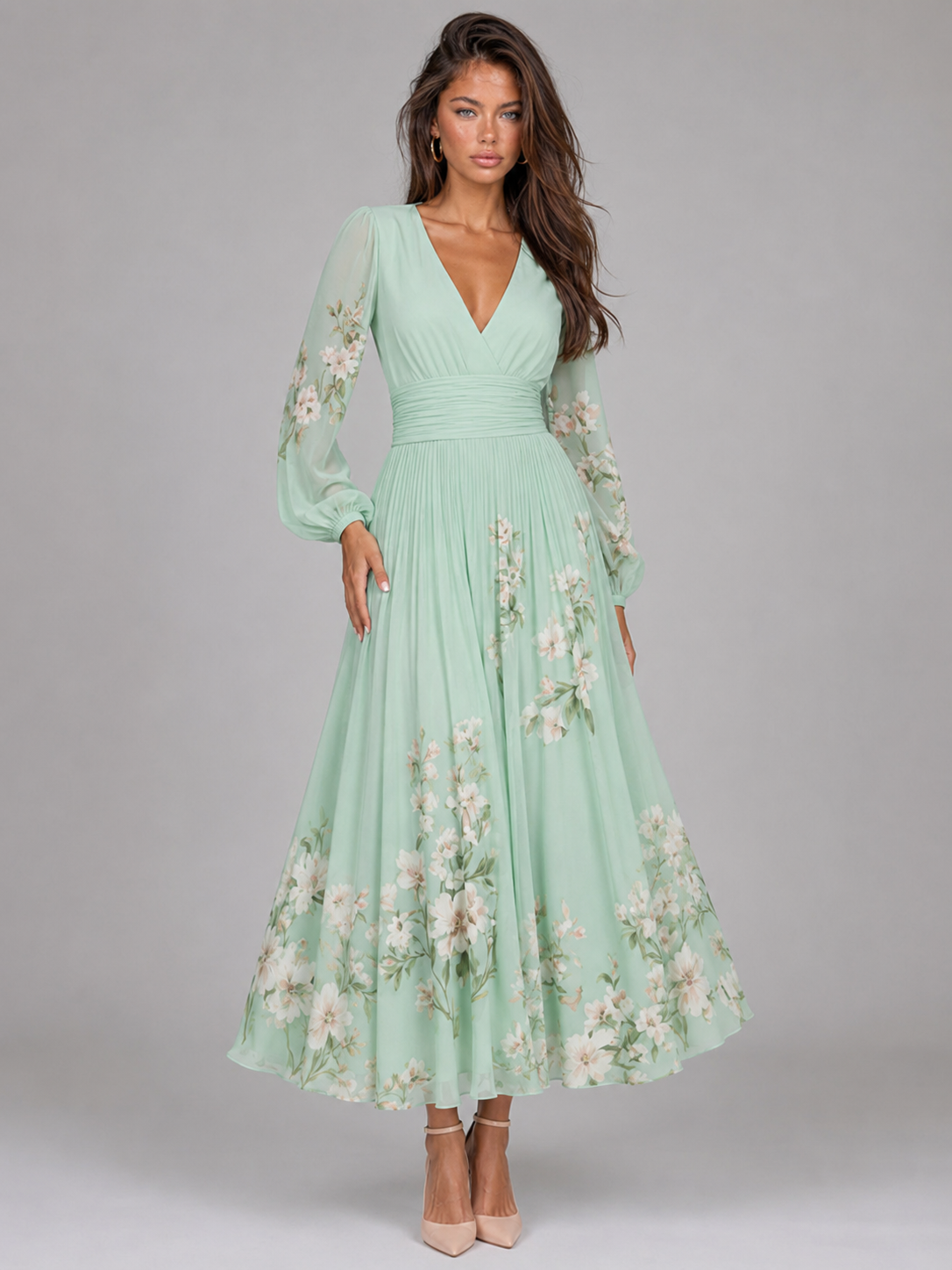 Vestido midi en línea A con escote en V y gasa floral para mujer de verano