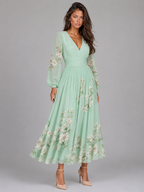 Vestido midi en línea A con escote en V y gasa floral para mujer de verano