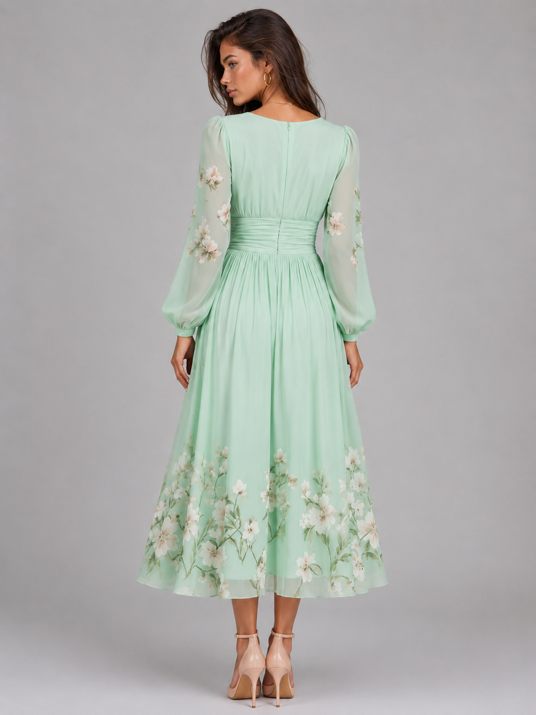 Vestido midi en línea A con escote en V y gasa floral para mujer de verano