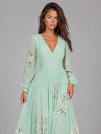 Vestido midi en línea A con escote en V y gasa floral para mujer de verano