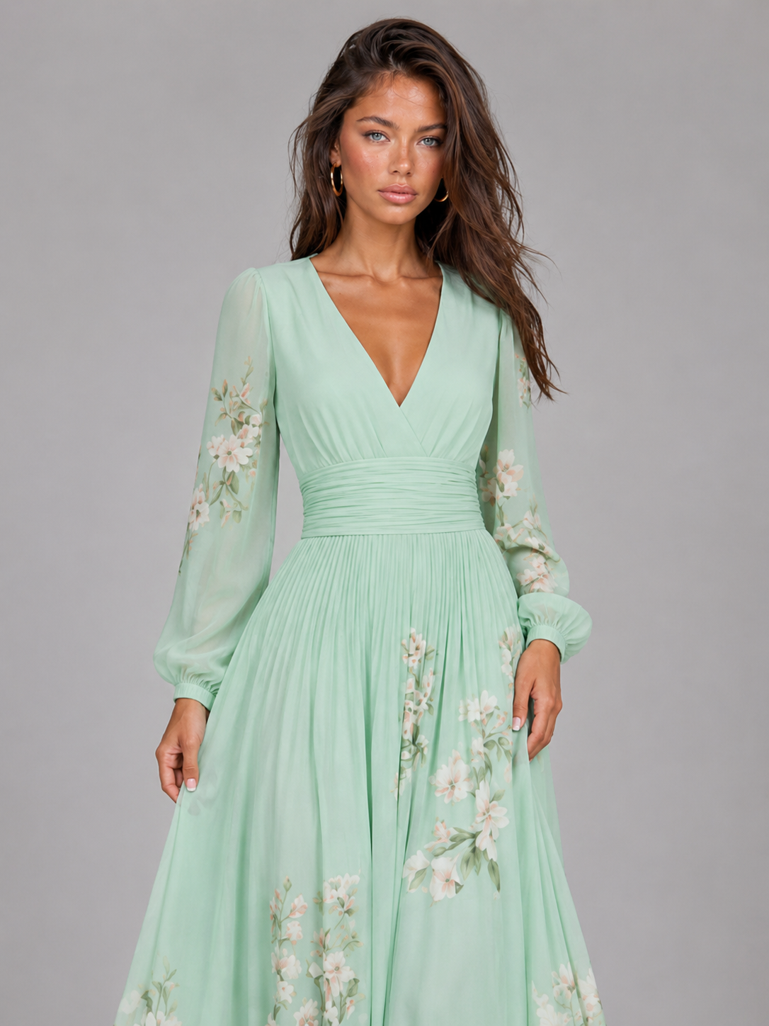 Vestido midi en línea A con escote en V y gasa floral para mujer de verano