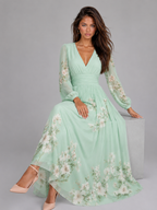 Vestido midi en línea A con escote en V y gasa floral para mujer de verano