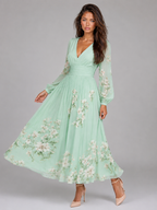 Vestido midi en línea A con escote en V y gasa floral para mujer de verano