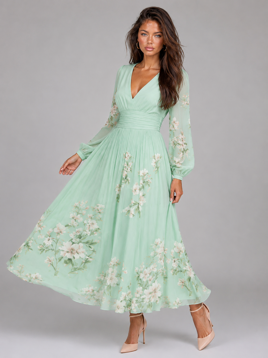 Vestido midi en línea A con escote en V y gasa floral para mujer de verano