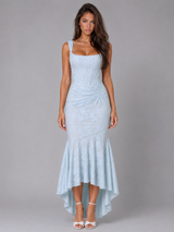 Robe midi moulante en dentelle froncée cocktail femme