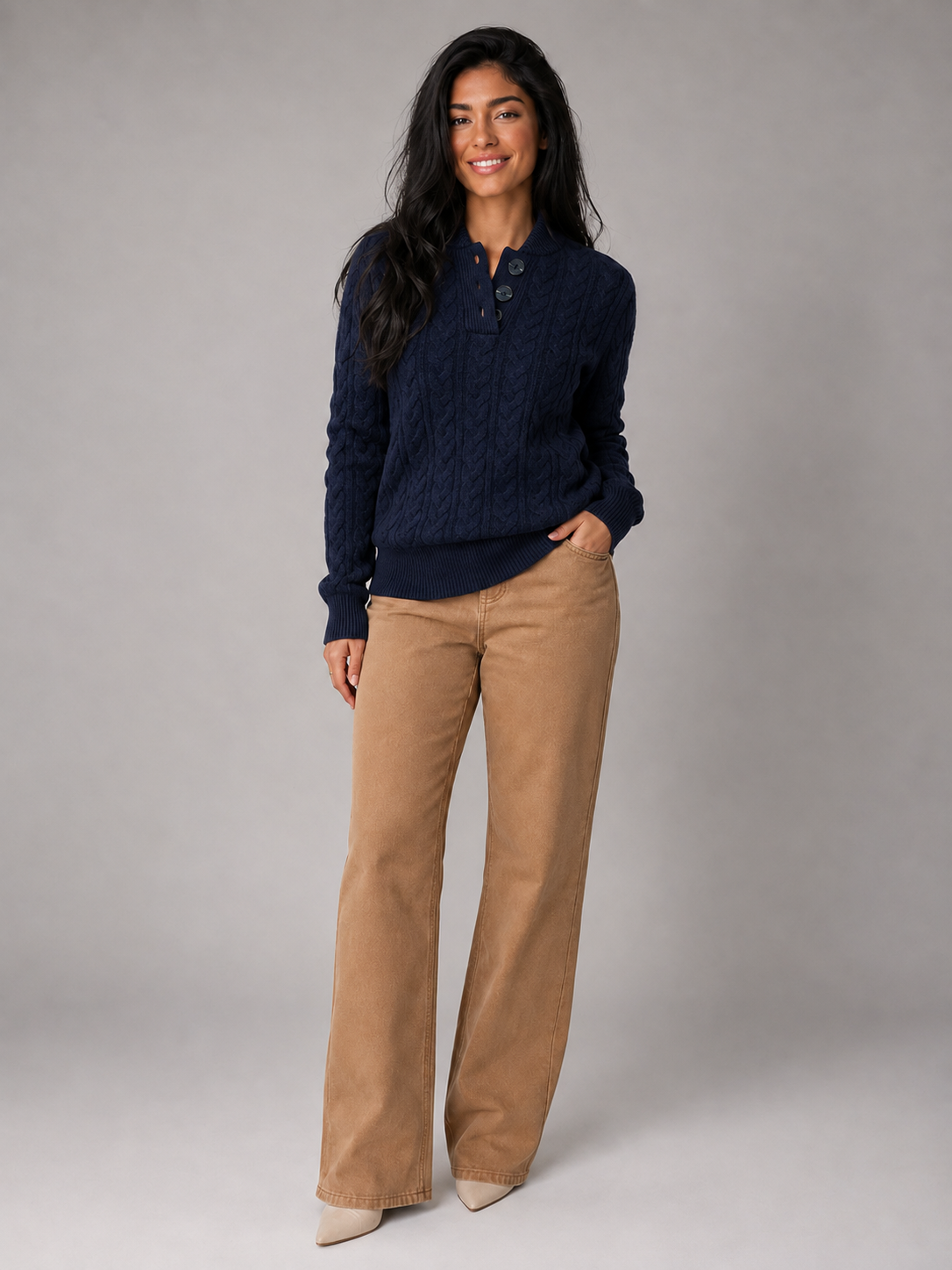 Women's Cable Knit Button Neck Sweater