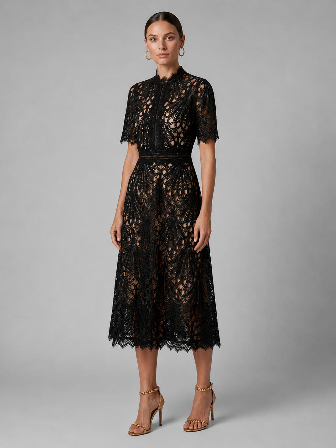 Vestido midi en línea A con cuello alto de encaje para cóctel de mujer