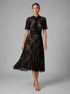 Vestido midi en línea A con cuello alto de encaje para cóctel de mujer