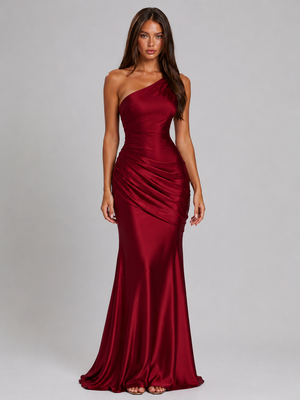 Vestido maxi de satén drapeado de un solo hombro para mujer de noche