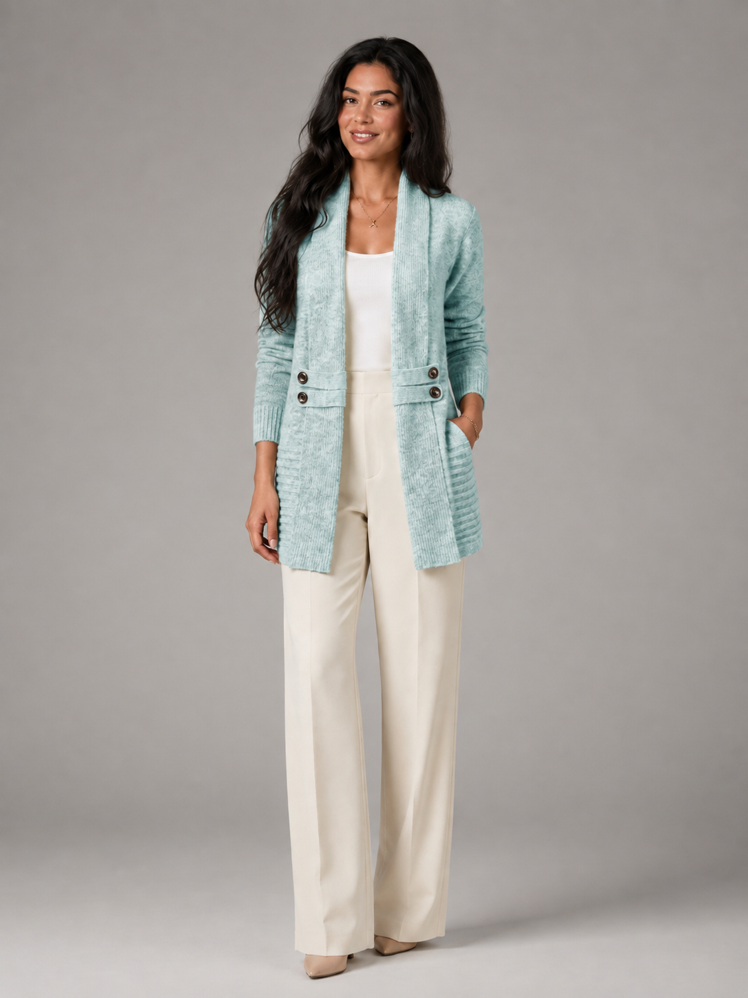 Women's Shawl Collar Button-Tab Cardigan