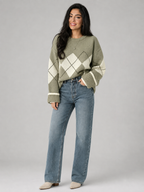 Women's Argyle Knit Crewneck Sweater Green