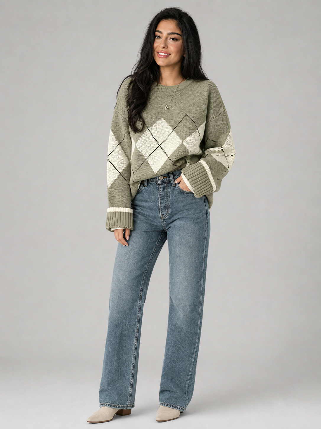Women's Argyle Knit Crewneck Sweater Green