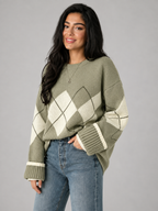 Women's Argyle Knit Crewneck Sweater Green