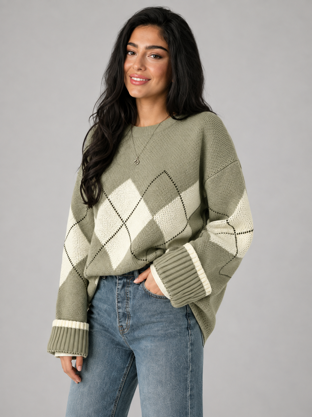 Women's Argyle Knit Crewneck Sweater Green