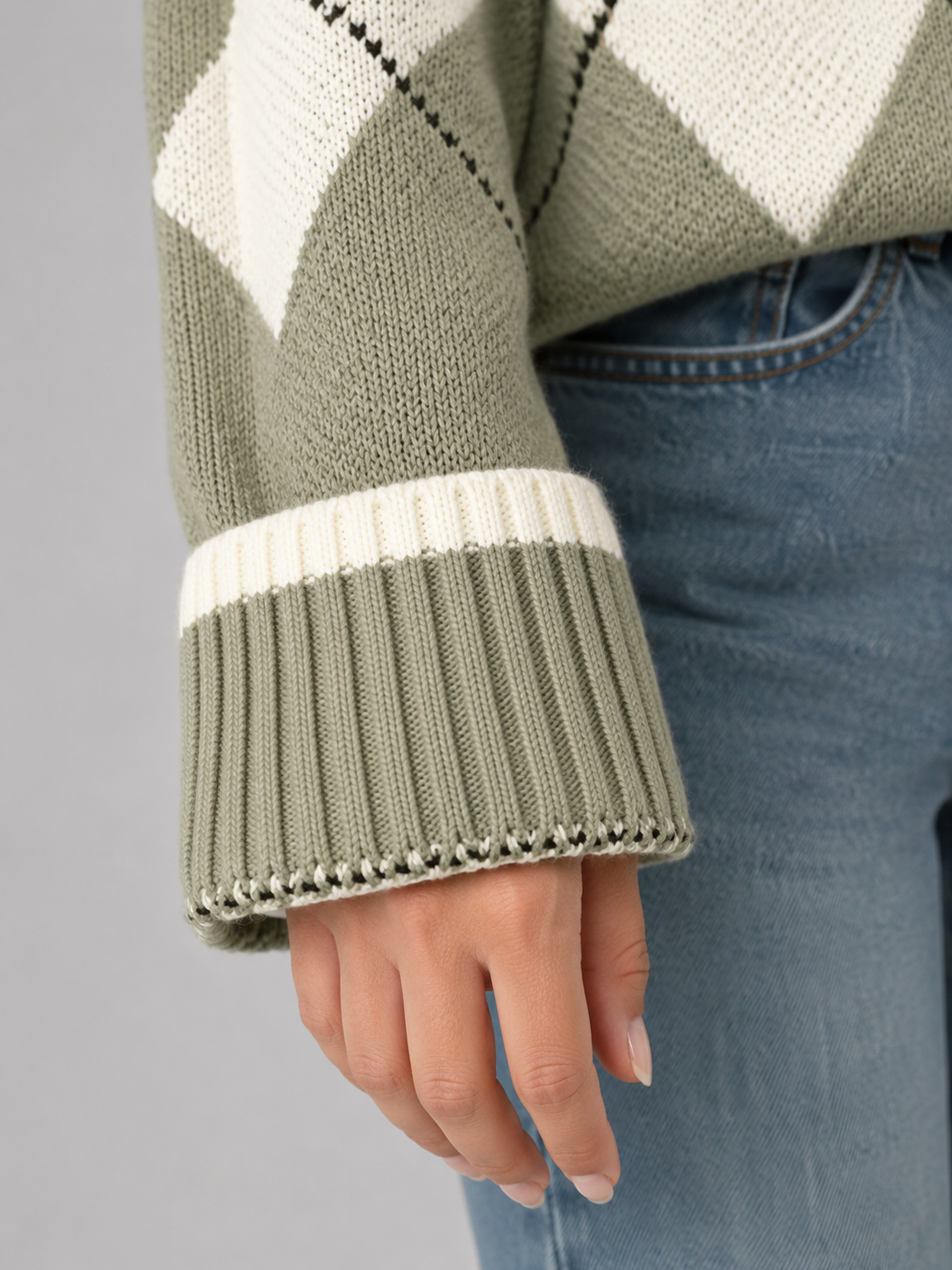 Women's Argyle Knit Crewneck Sweater Green