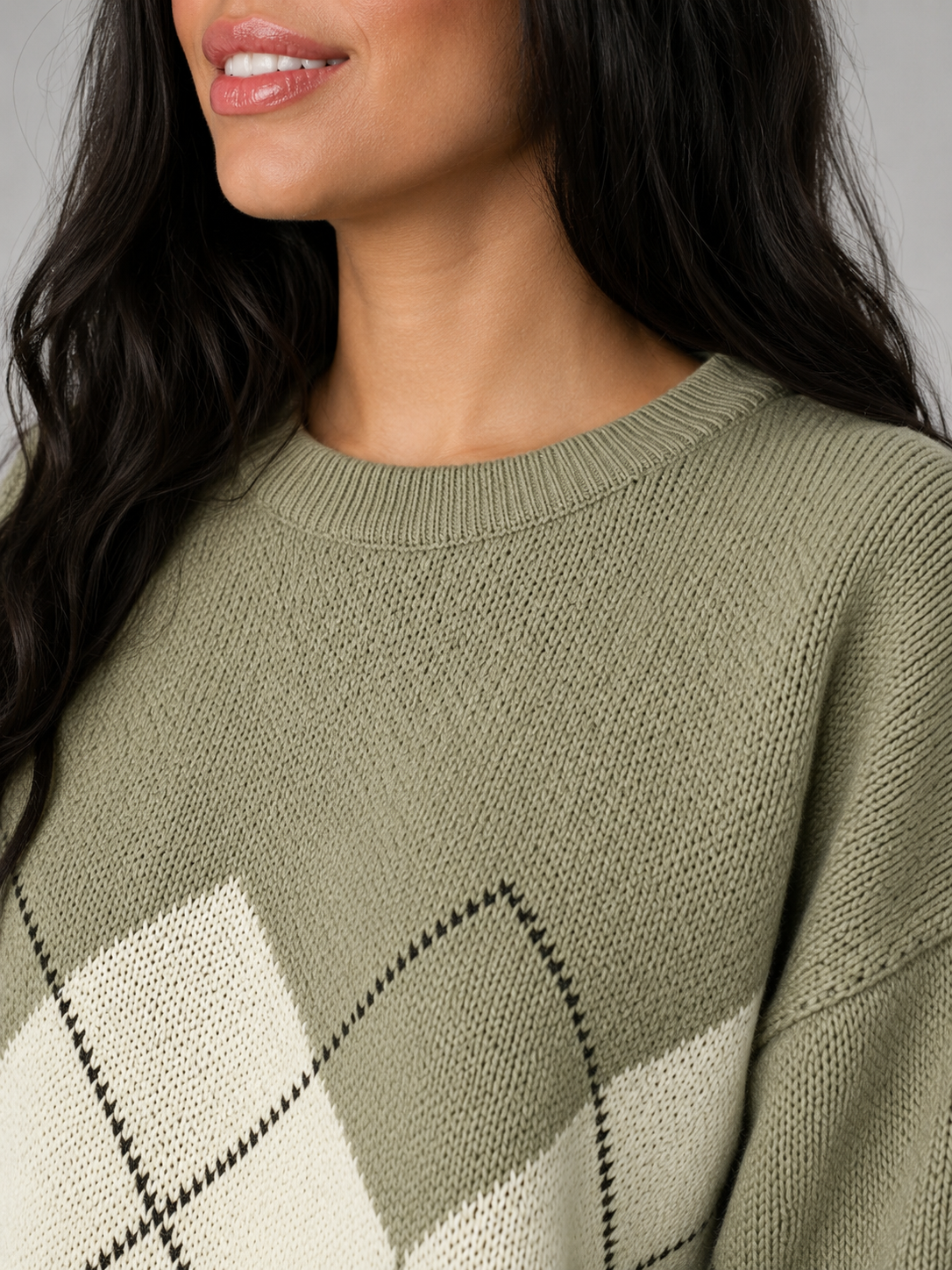 Women's Argyle Knit Crewneck Sweater Green