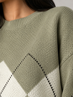 Women's Argyle Knit Crewneck Sweater Green