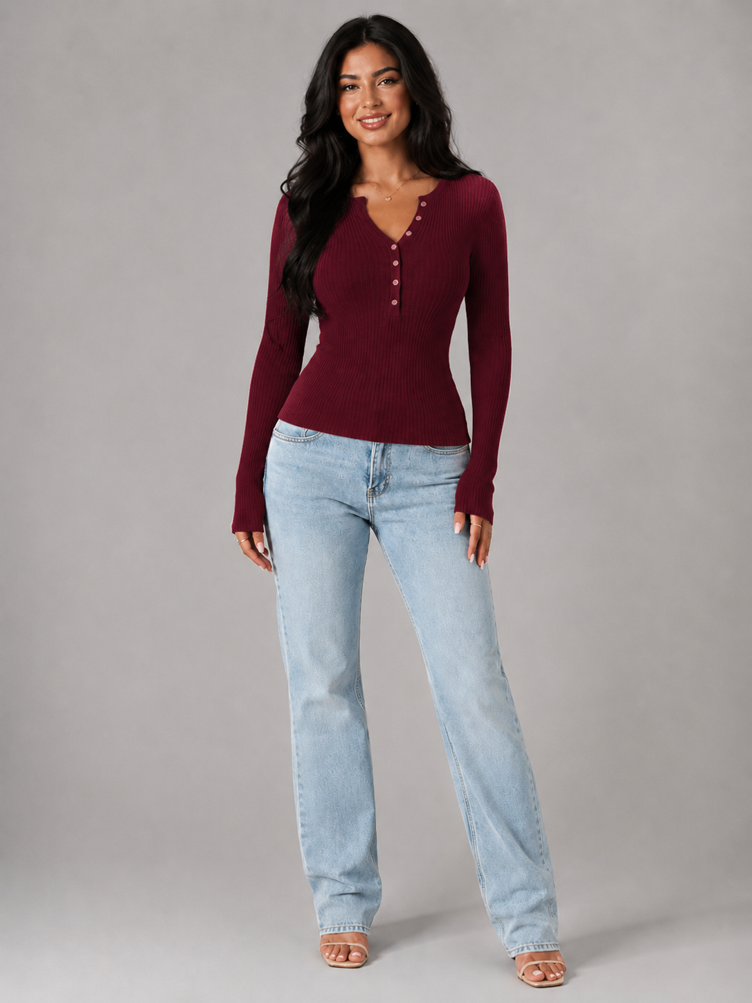 Women's Button Front Ribbed Knit Top