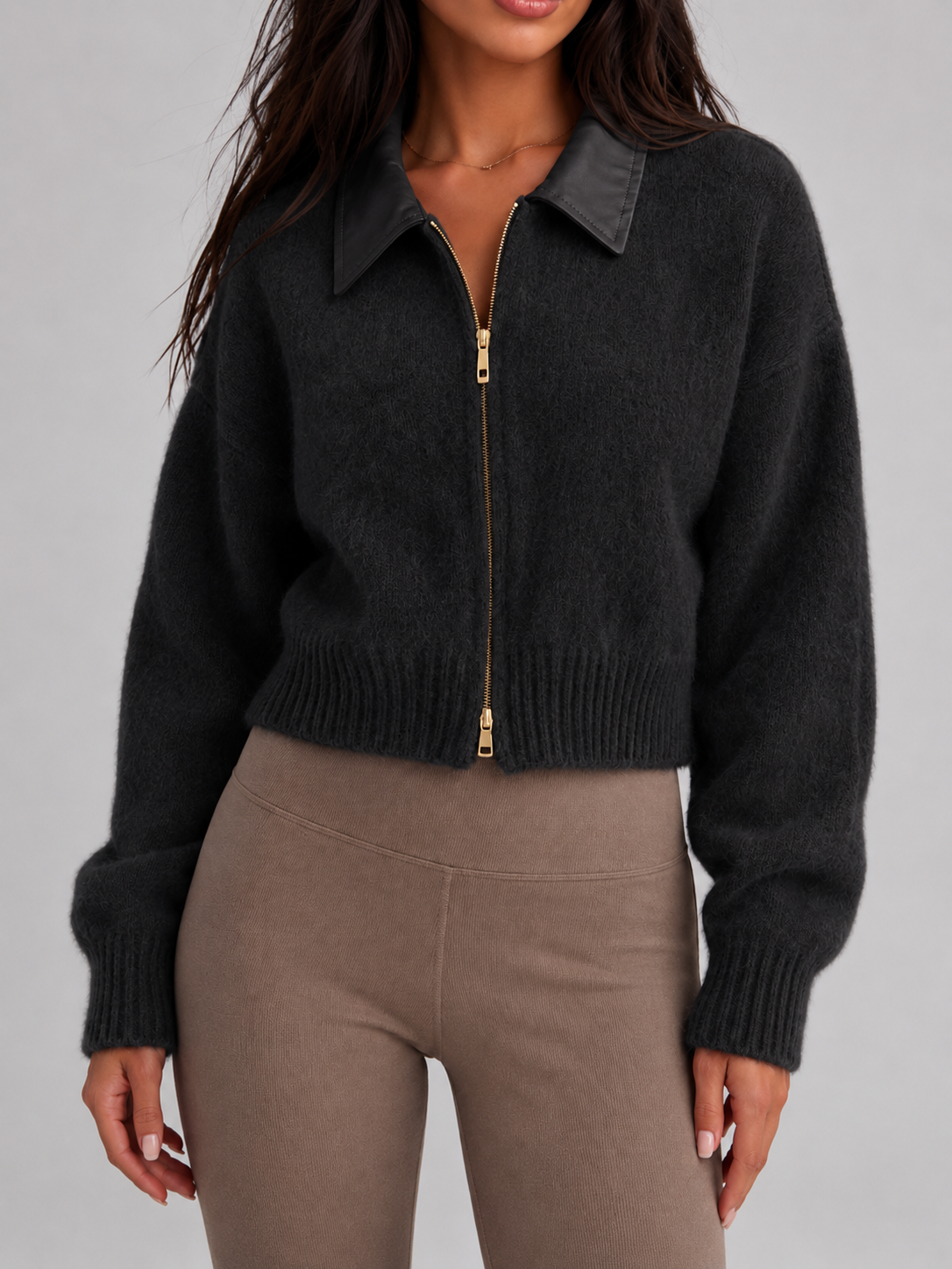 Fuzzy knit zip cardigan – Nude & Nero