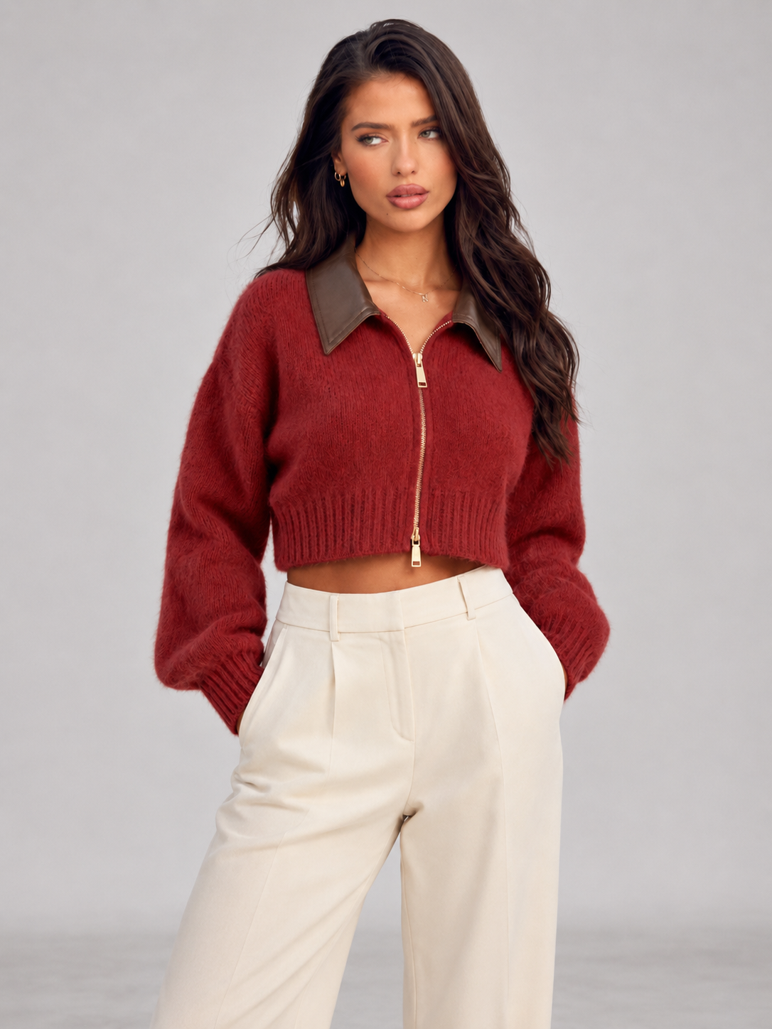 Cropped fuzzy zip cardigan – Nude & Nero