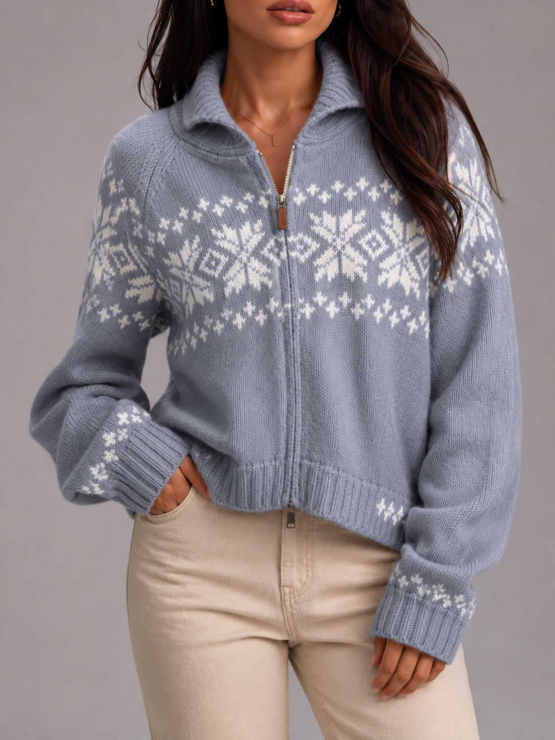 Fair Isle Zip Knit Cardigan for Women