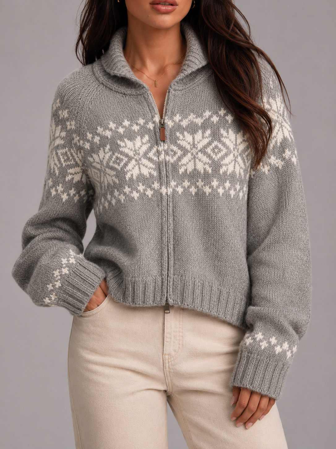 Fair Isle Zip Knit Cardigan for Women