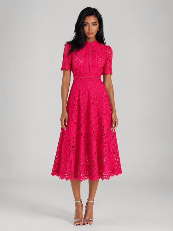 Vestido midi de encaje con escote redondo para invitada de boda
