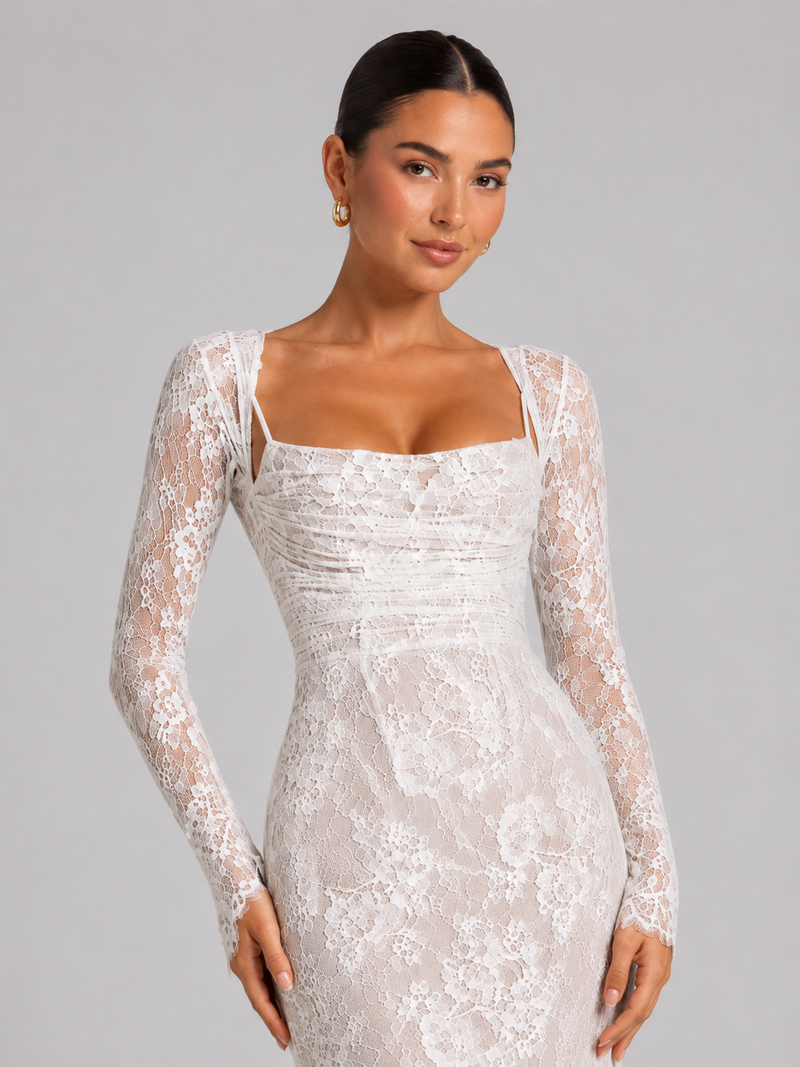 Lace Corset Long Sleeve Maxi Dress – Wedding Guest