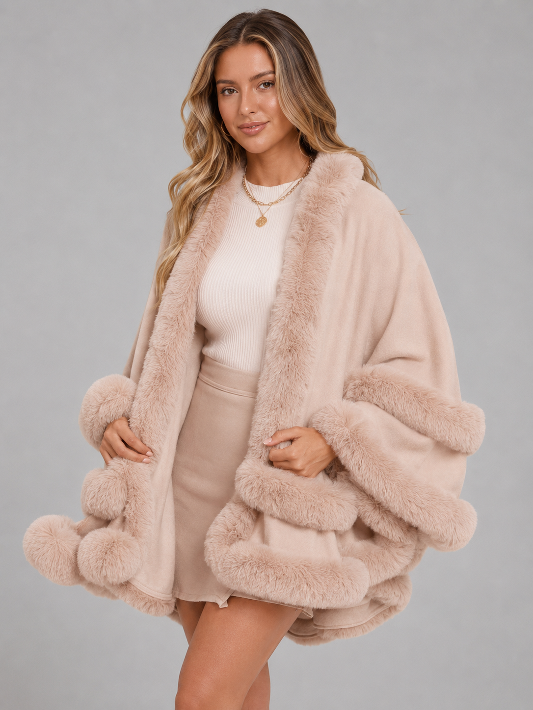 Women's Faux Fur Trim Cape Cardigan