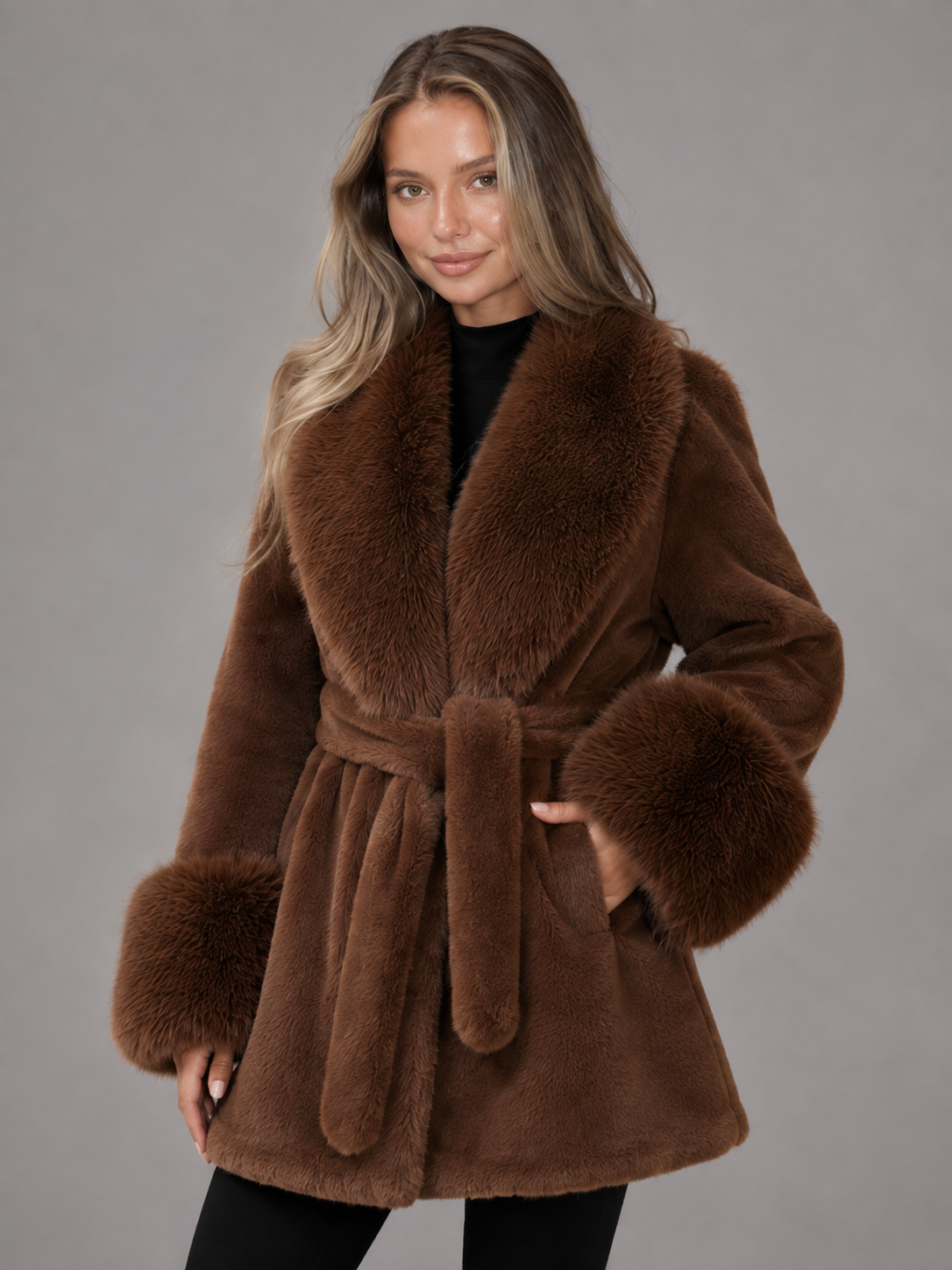 Women's Belted Faux Fur Collar Coat