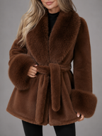 Women's Belted Faux Fur Collar Coat