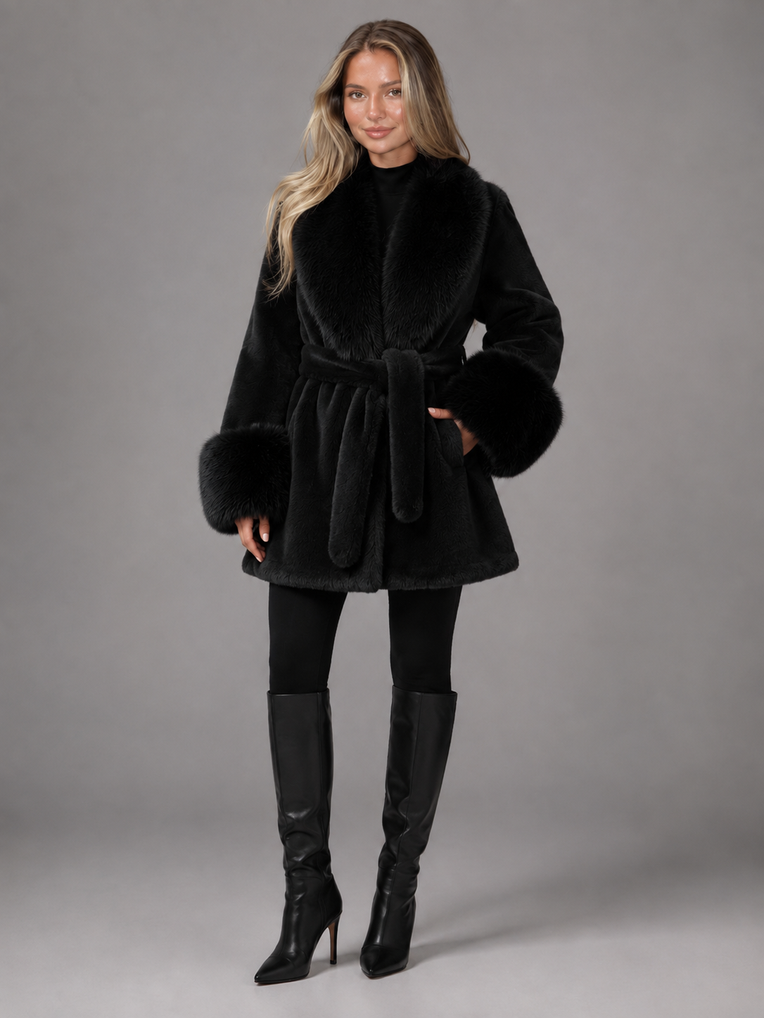 Women's Belted Faux Fur Collar Coat