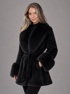 Women's Belted Faux Fur Collar Coat